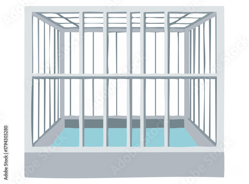 Minimalist empty animal cage with light blue bottom, a clean digital illustration of pet housing