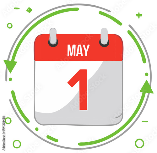 May First Calendar Icon Illustration, Important Date Reminder with Arrow Circle Design, Holiday or Celebration Symbol