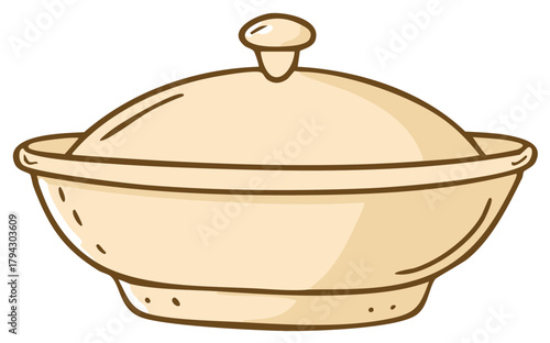 Hand-drawn cartoon illustration of a ceramic serving bowl with a lid, a classic tureen for soup or stew.