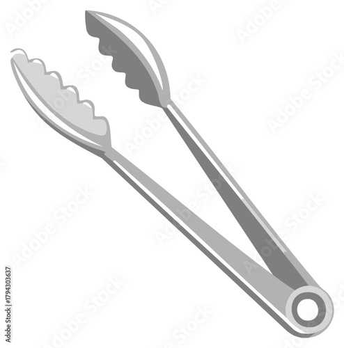 Grayscale vector illustration of open metal kitchen tongs for cooking, grilling, and serving food