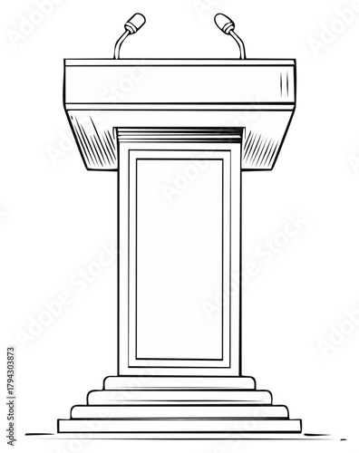 Monochrome line art illustration of a podium with microphones, suitable for speech or announcement.