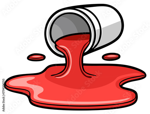 A white can spills thick red paint creating a large messy puddle vector illustration