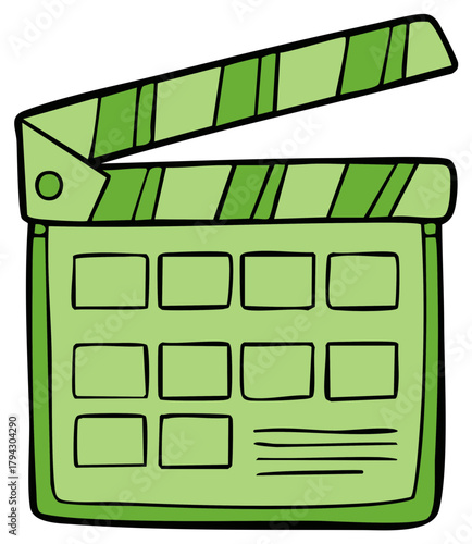 Green clapperboard with slate open and cells for writing on the board