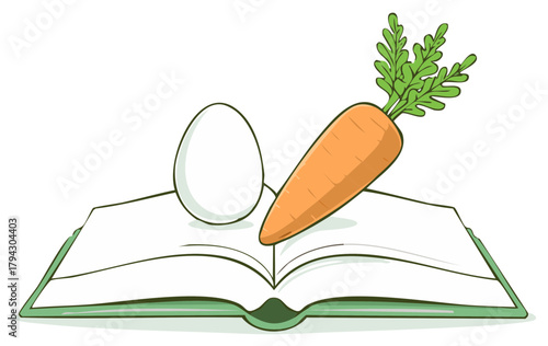 Open recipe book with fresh carrot and egg ingredients for healthy cooking illustration