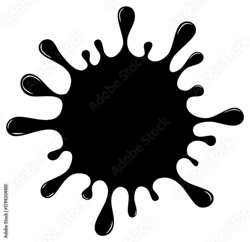 Black ink splash vector illustration with dripping liquid drops. Messy paint splat or blot silhouette graphic element.