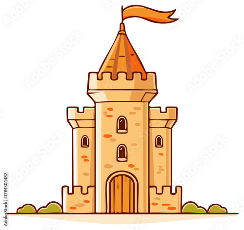 Whimsical Stone Castle Illustration with Flag for Children's Book