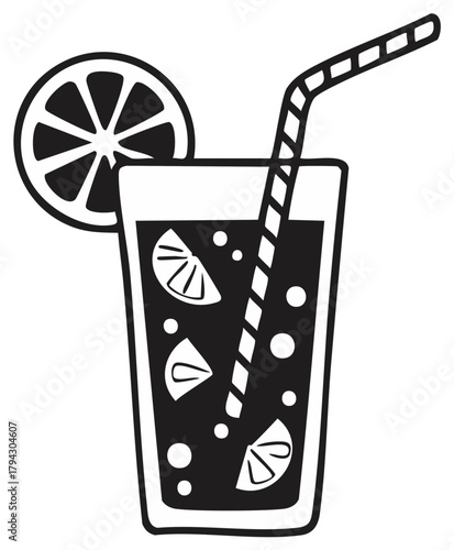 Highball glass with straw and citrus slice in a black and white vector illustration