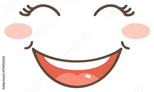 Whimsical Cartoon Illustration of a Smiling Face with Rosy Cheeks, Eyelashes, and an Open Mouth Expression