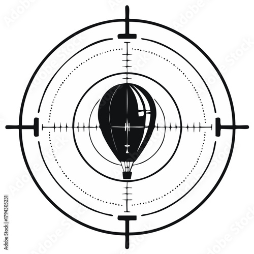 Airborne Target Icon: Black and White Hot Air Balloon Crosshairs Symbol