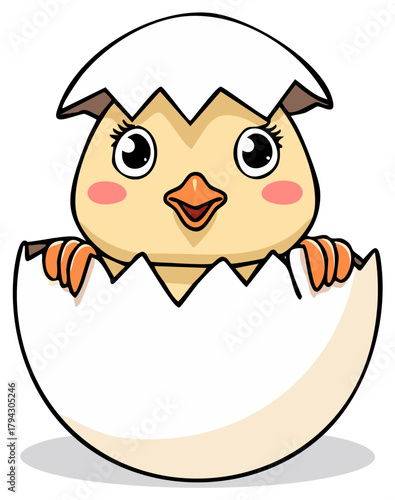 Adorable Cartoon Chick Hatching from an Egg Shell, Celebrating Spring and New Beginnings