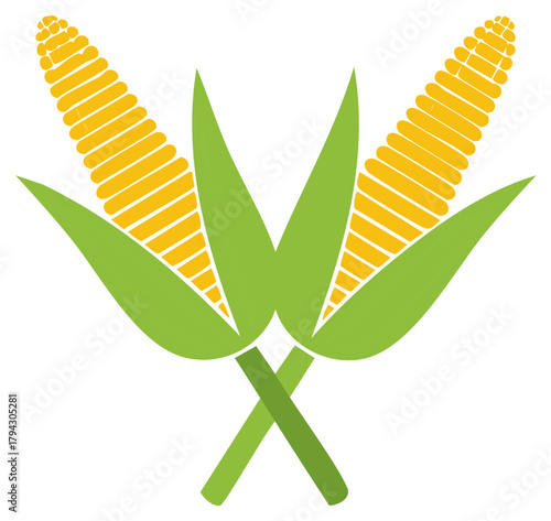 Stylized graphic of two golden corn cobs with green husks crossed representing agriculture and food