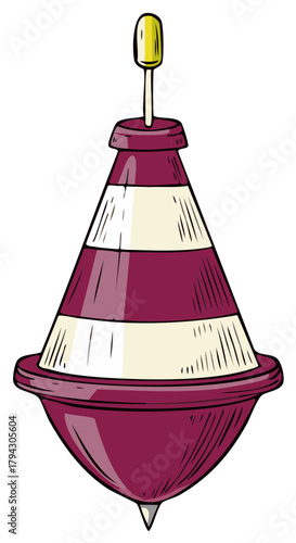 Classic striped spinning top toy in a hand drawn cartoon style