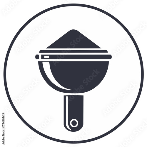 Espresso portafilter with ground coffee minimalist vector icon in a circle