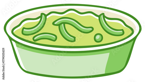 Cartoon illustration of a vibrant green dip or vegetable stew in a serving bowl