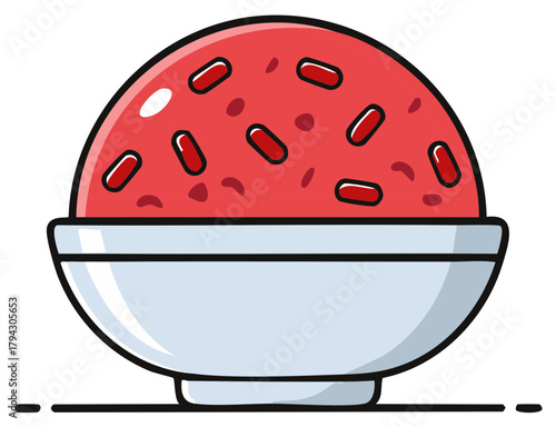 A cartoon vector illustration of a sweet red dessert, possibly ice cream or sorbet, in a bowl with sprinkles.
