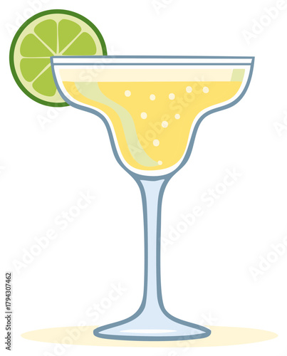 Vector illustration of a classic margarita cocktail in a glass with a lime slice garnish.