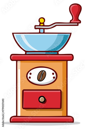 Manual coffee grinder cartoon illustration for fresh roasted beans and home brewing kitchen