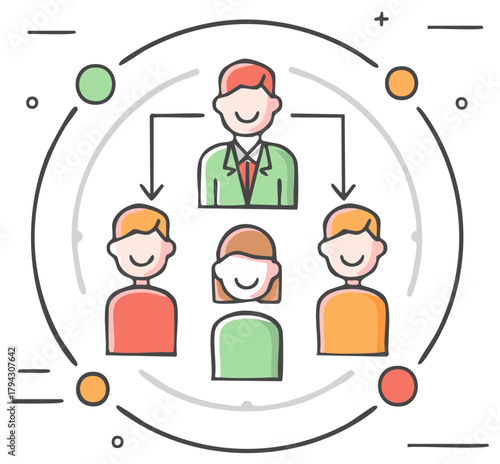 Organizational chart with leader and team members in a network structure