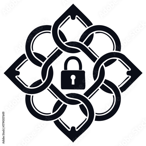 Vector illustration of a black padlock secured within a symmetrical interwoven knot