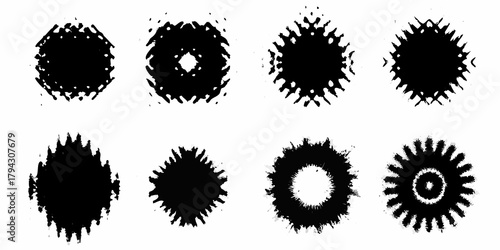 Collection of eight abstract black and white circular graphic elements with textured edges and geometric patterns