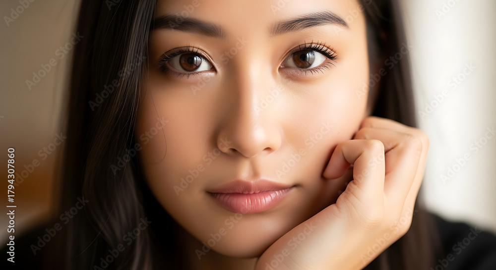 Obraz premium Portrait of an Attractive Asian Woman Close-up Shot with a Serene Expression, Hand on Chin