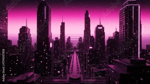 Dense city view under a pink starry sky, towers and bridge dominate