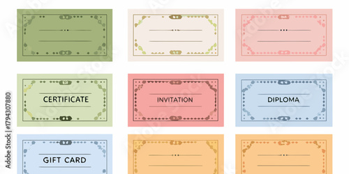 Collection of decorative certificates invitations diplomas and gift cards in various pastel colors