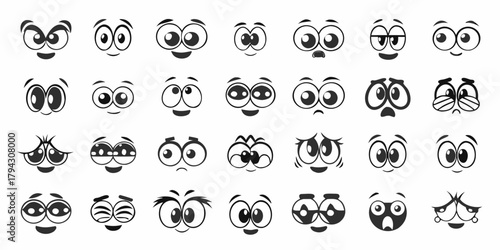 Collection of cartoon eyes and mouths expressing various emotions in a simple black and white style