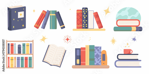 Collection of charming illustrated books and reading related elements with a whimsical feel