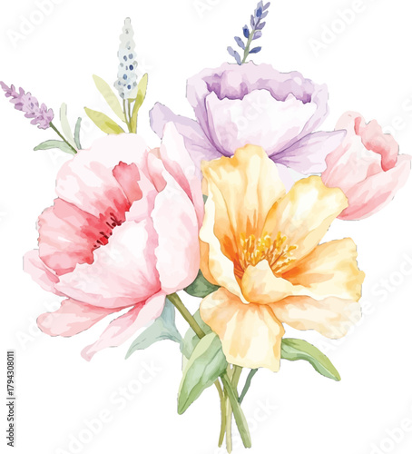 Watercolor floral bouquet with soft colors, transparent background, vector, illustration