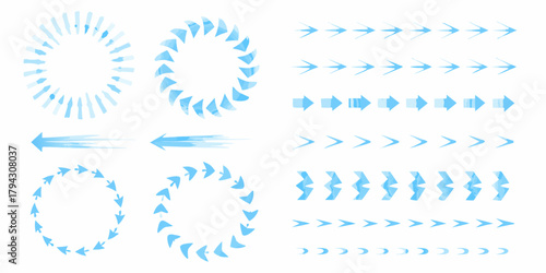 Collection of blue arrow shapes and circular motion graphics on a white background