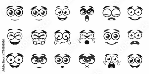Collection of cartoon expressive eyes and mouths showing various emotions and feelings