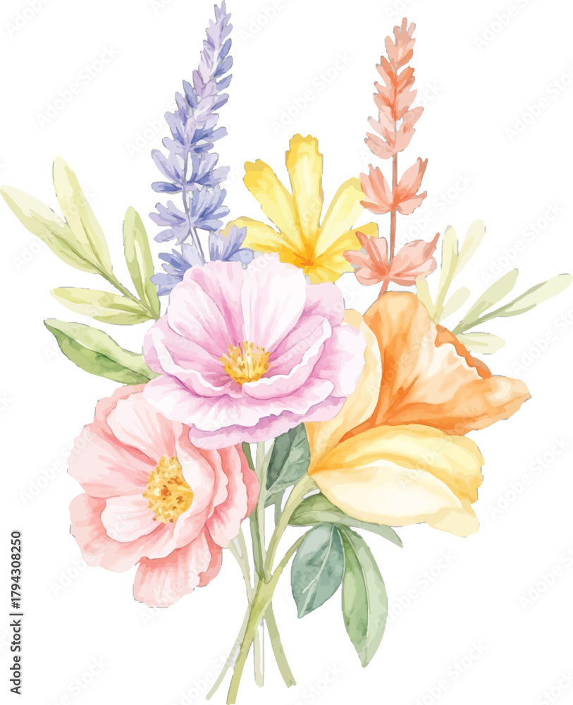 Obraz premium Watercolor floral bouquet, delicate and vibrant, transparent background, vector, illustration