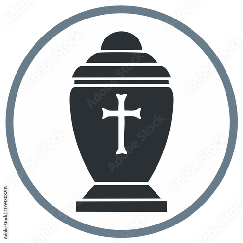 Cremation urn with Christian cross symbol inside a round circle icon design