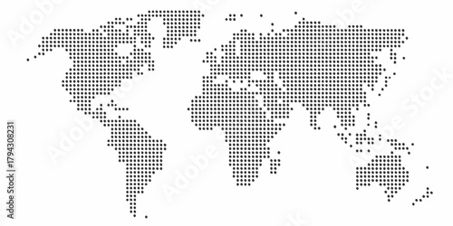 Abstract world map composed of many small dark dots on a clean white background