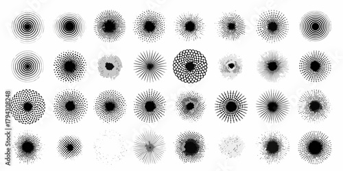 Collection of abstract radial patterns and starburst elements in black and white