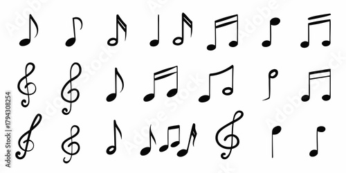 Collection of black music notes and symbols on white background