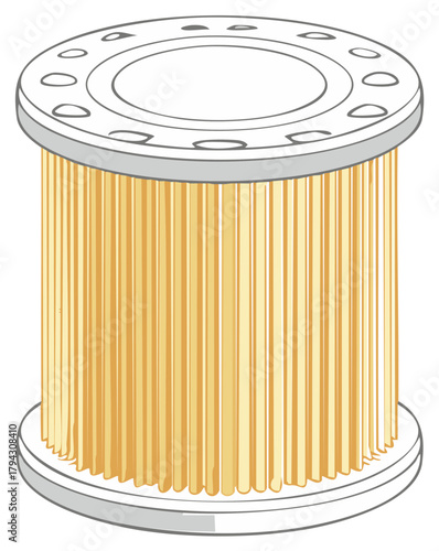 Cylindrical industrial filter element featuring golden pleated core and grey perforated end caps for fluid purification