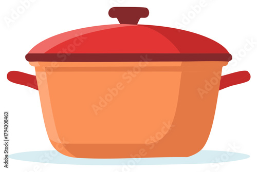 Orange cooking pot with red lid illustration vector of kitchen utensil for preparing meals and soups stewing food