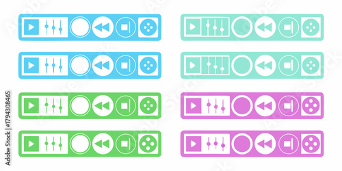 Collection of colorful audio player control bars with play pause rewind fast forward and stop icons