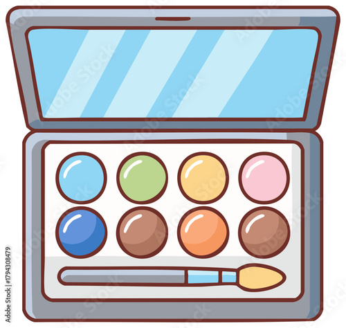 Colorful eye makeup palette with mirror and eight different shades of cosmetic powder and applicator brush