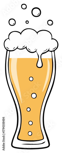Glass of beer illustration with foam and bubbles, beverage, ale