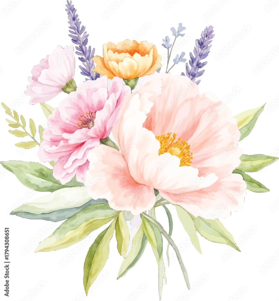 Obraz premium Watercolor painting of a floral bouquet, transparent background, vector, illustration