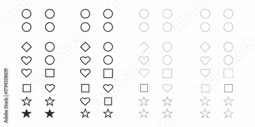 Collection of various geometric and symbolic shapes including circles hearts squares diamonds and stars in different styles