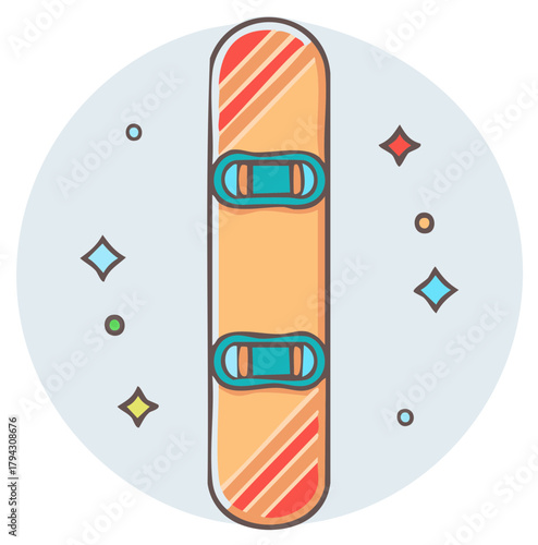 Flat design snowboard with colorful stripes and bindings inside a circular frame