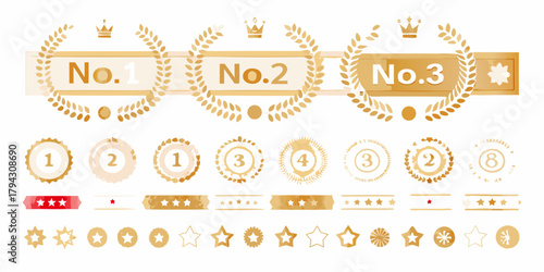 Collection of golden award ribbons laurels crowns and stars for ranking and achievement