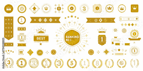 Collection of golden ranking and award icons including crowns stars ribbons and laurels