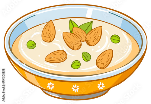 Delicious Creamy Dish with Almonds and Green Peas in Decorative Bowl cartoon vector