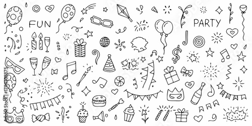 Collection of hand drawn doodle elements celebrating fun and parties with balloons gifts and music notes