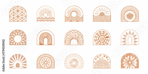 Collection of boho arches with sun waves geometric patterns and floral designs in earthy tones